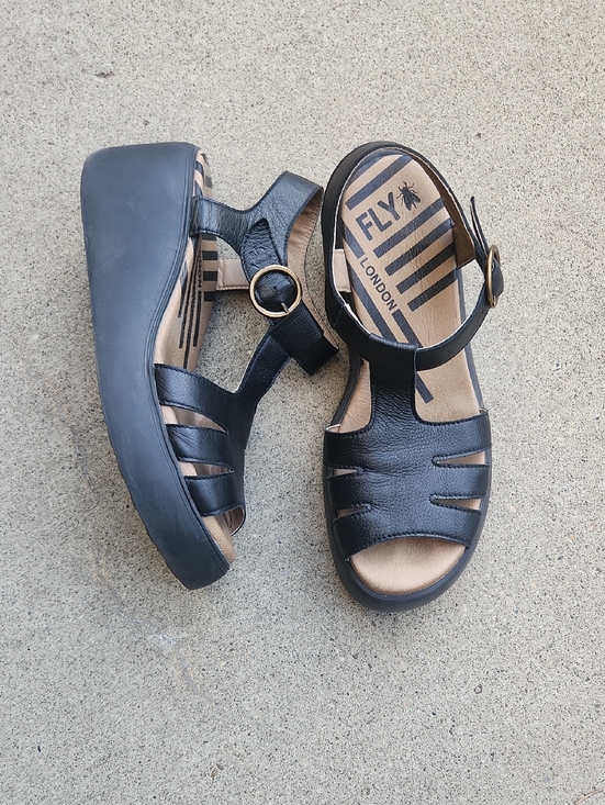 Fly London Shoes - Fly London Black Leather Wedge Sandals with Buckle